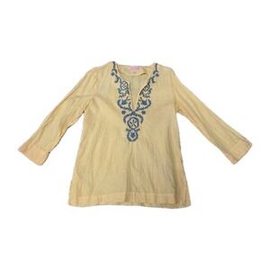 Lilly Pulitzer Womens S Yellow Linen Tunic Top Blue Embroidered 3/4 Sleeve Beach